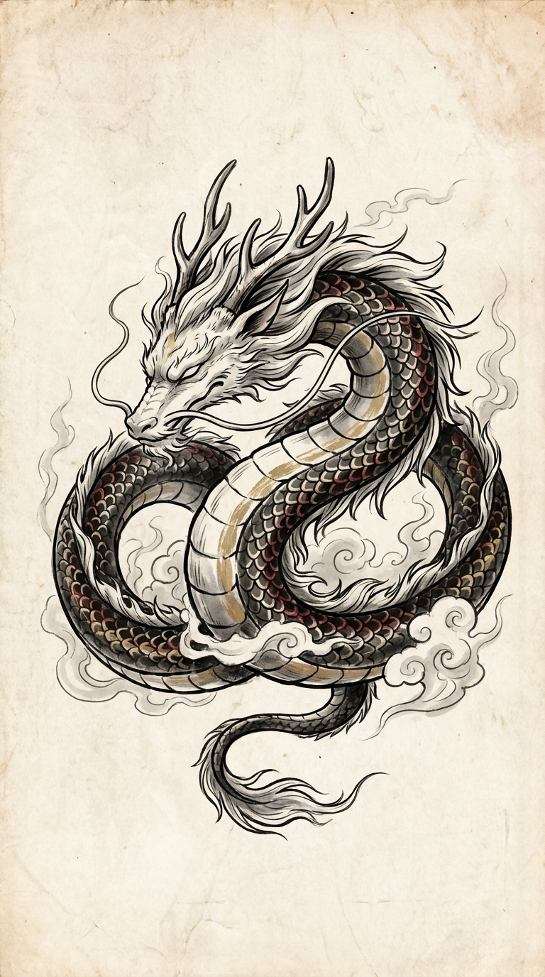 Japanischer Drachen-Scroll im Eigenwillich-Look